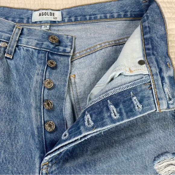 Agolde Blue Wash 90’s Mid Rise Distressed Straight Leg Jeans Size 24 - Picture 9 of 15